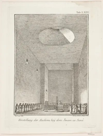 Vorstellung der audienz bey dem iman zu Sana. Illustration til Niebuhrs "Reisebeschreibung nach Arabien", 1. del