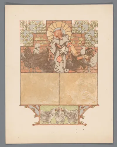 Vos in monnikspij (Reinaert) omringd door kippen en haan (Cantecleer)