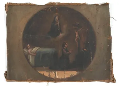 Votive picture: a woman praying to Christ crucified for the health of a sick child in bed; the Virgin above