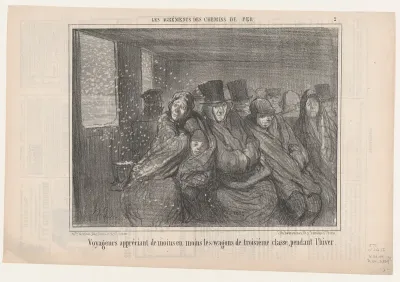 Voyageurs appréciant de moins en moins les..., from Les Agréments des Chemins de Fer, published in Le Charivari, December 25, 1856