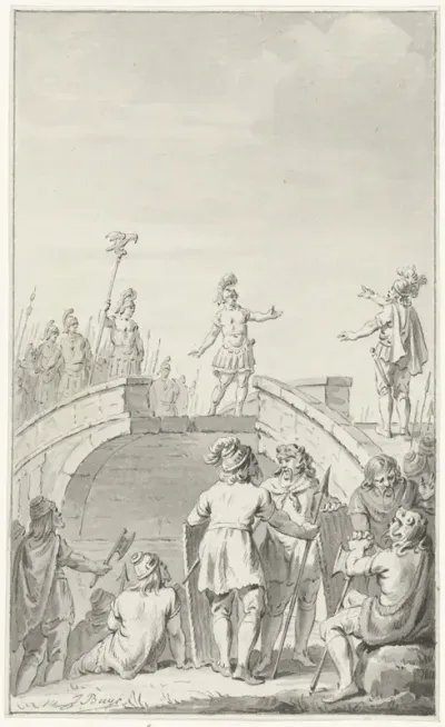 Vredesonderhandelingen tussen Claudius Civilis en Petilius Cerealis op de afgebroken brug, 70 n. Chr.