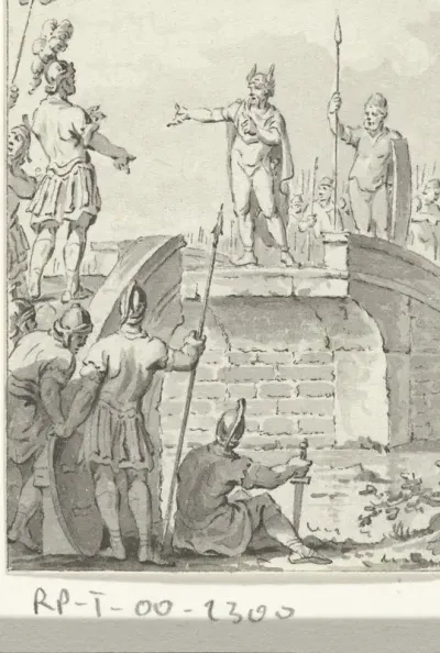 Vredesonderhandelingen tussen Claudius Civilis en Petilius Cerealis op een afgebroken brug, 70