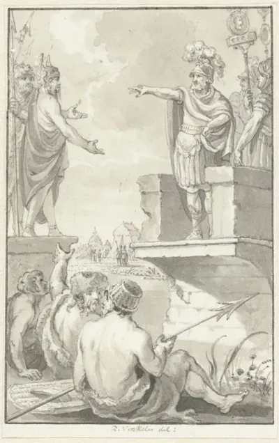 Vredesonderhandelingen tussen Claudius Civilis en Petilius Cerealis op een gebroken brug, 69-70
