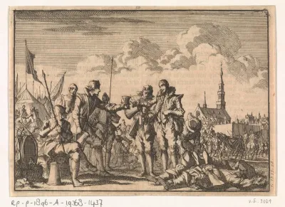 Vriendschappelijke ontmoeting van Spaanse en Hollandse soldaten tijdens een wapenstilstand bij het beleg van Breda, 1637