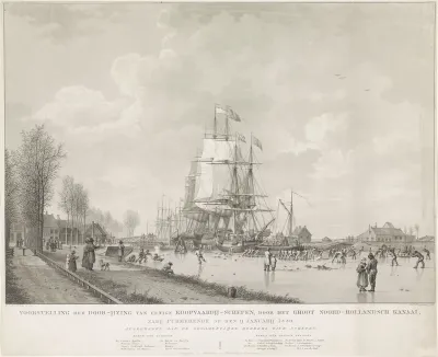 Vrijmaken van enige schepen uit het ijs van het Noordhollands Kanaal, 1830