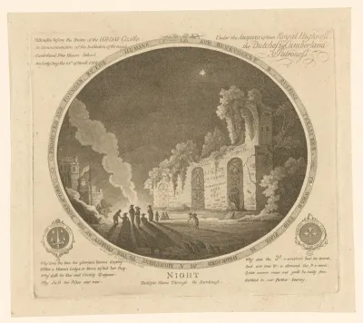 Vrijmetselaarsymboliek op de verlichte muur van een ruïne