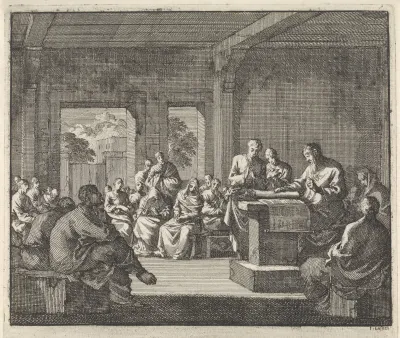 Vroeg-christelijke gemeenschap luistert naar een lezing uit de Bijbel