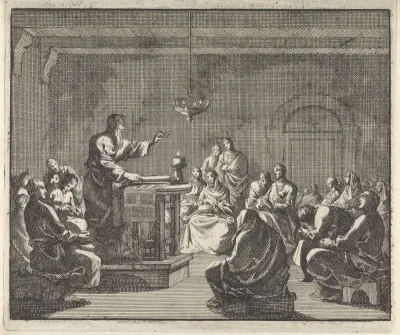 Vroeg-christelijke gemeenschap luistert naar een preek
