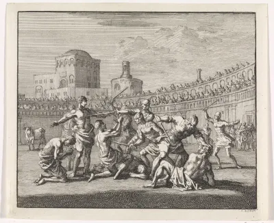 Vroegchristelijke martelaren worden in een arena afgeslacht