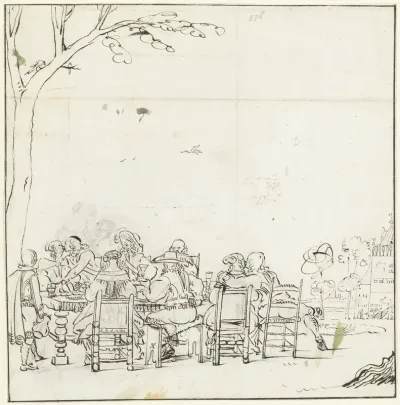 Vrolijk gezelschap aan een tafel in de openlucht
