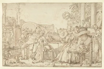 Vrolijk gezelschap aan tafel in de open lucht