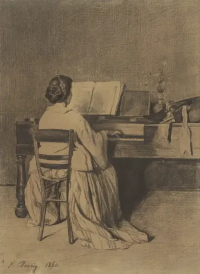 Vrouw aan de piano, op de rug gezien
