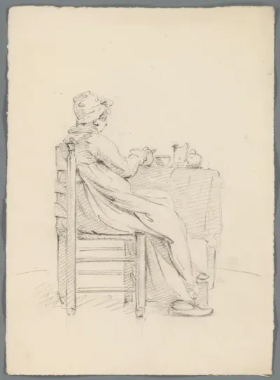 Vrouw aan een tafel met eet- en drinkgerei
