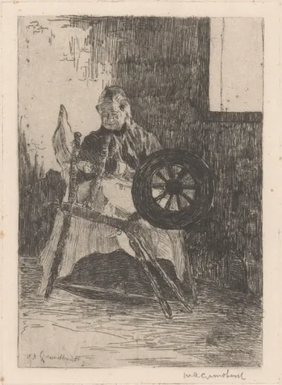 Vrouw achter een spinnewiel