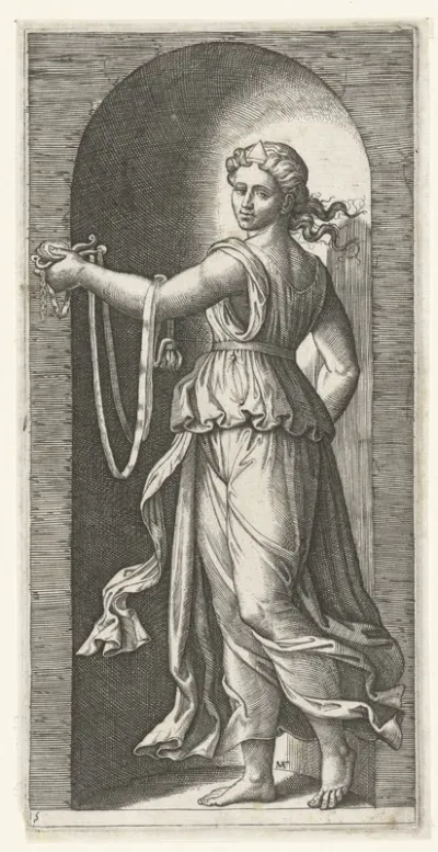 Vrouw als personificatie van Matigheid (Temperantia) met breidel staand in nis