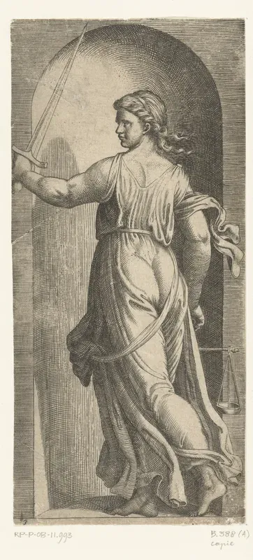 Vrouw als personificatie van Rechtvaardigheid (Justitia) met weegschaal en zwaard staand in nis