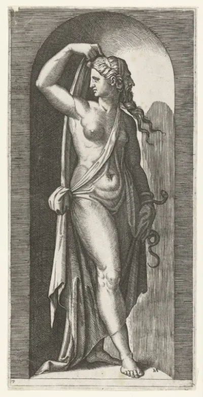 Vrouw als personificatie van Voorzichtigheid (Prudentia) met slang en masker