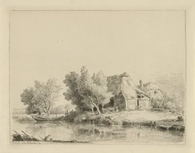 Vrouw bij een boerderij aan een plas