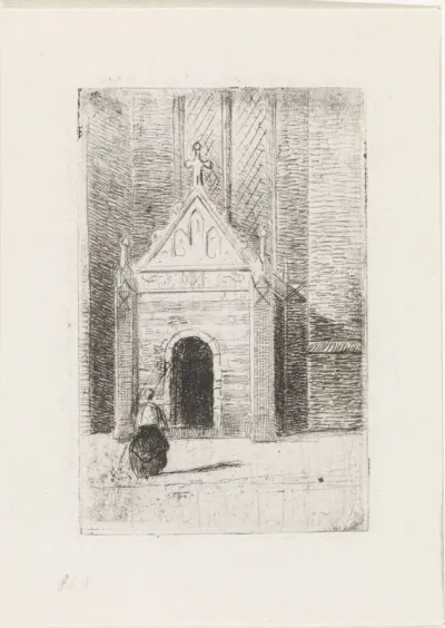 Vrouw bij een kerkportaal