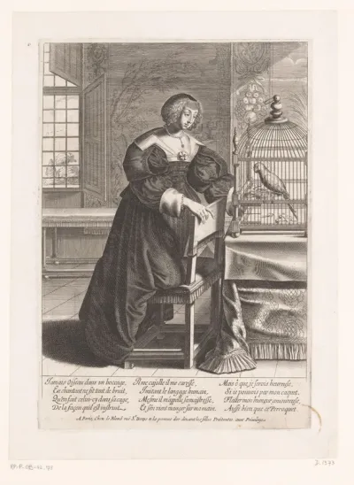Vrouw bij een papegaai in een kooi