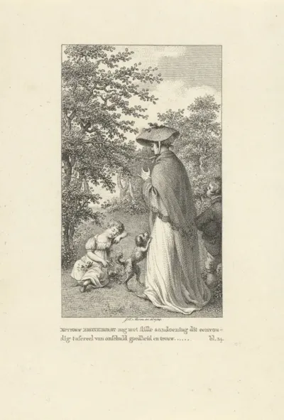 Vrouw bij een slapend kind in een landschap