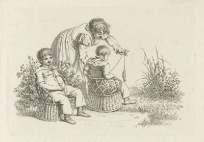 Vrouw bij twee kinderen in stoeltjes
