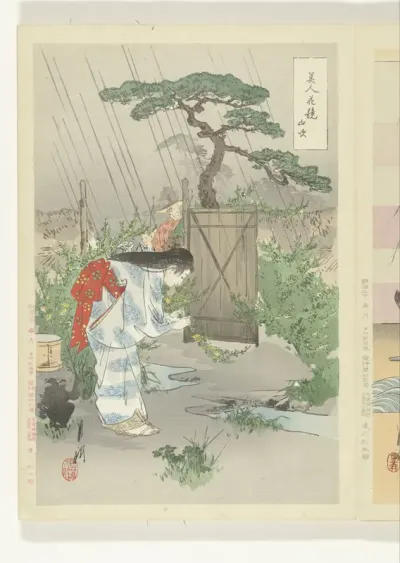 Vrouw buigend over Yamabuki struik