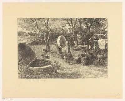Vrouw die aardappels schilt bij een waterput