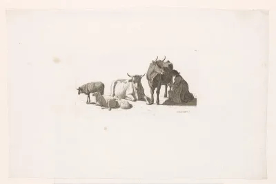Vrouw die een koe melkt, met rundvee en schapen.