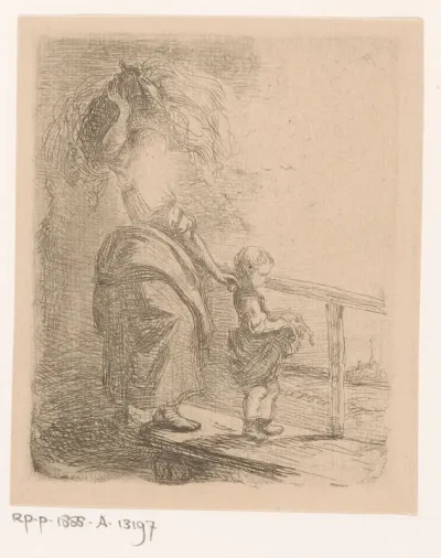 Vrouw draagt hooi op het hoofd en leidt een kind over een houten brug