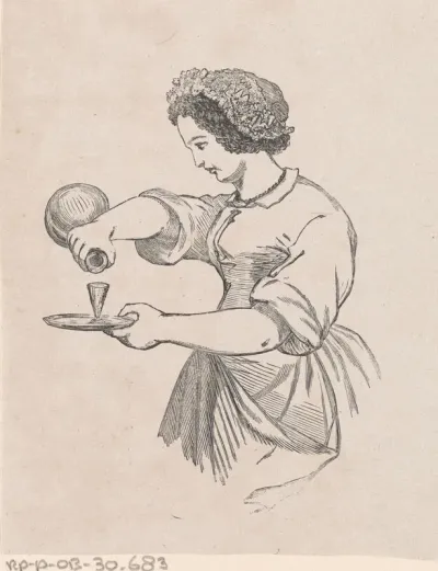 Vrouw een glas op een blad inschenkend