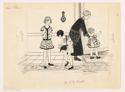Vrouw en drie meisjes in een gang