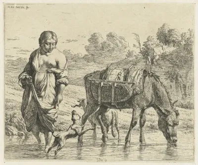 Vrouw en een drinkende ezel staan in ondiep water, een hond springt op voor haar voeten