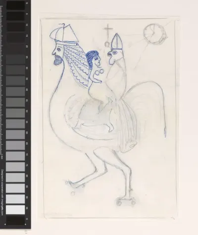 Vrouw en haan met mijter samen op de rug van een fantasiedier met mensenkop
