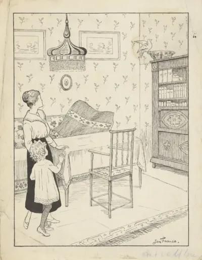 Vrouw en meisje kijkend naar een vogel op een kast