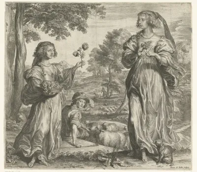 Vrouw en meisje met bloemen in landschap met herder en schapen