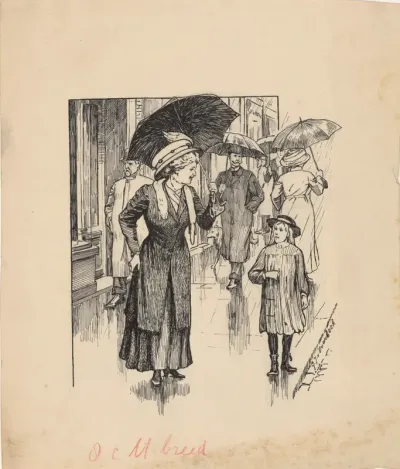 Vrouw en meisje op een regenachtige straat
