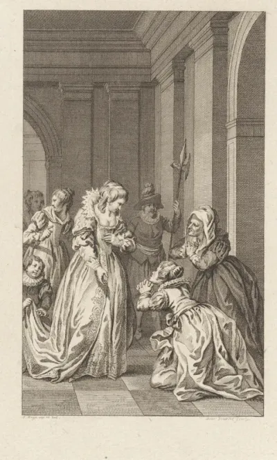 Vrouw en moeder van Montigny smeken bij Anna van Oostenrijk om voorspraak bij Filips II, 1570