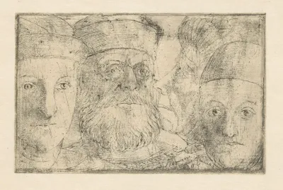 Vrouw en profil en drie mannen