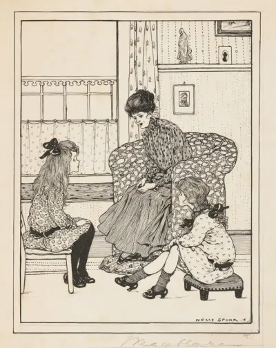 Vrouw en twee meisjes in een interieur