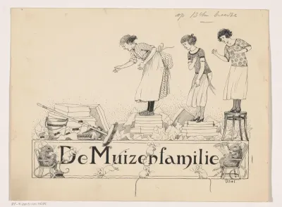 Vrouw en twee meisjes treffen een muizenfamilie aan