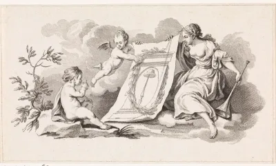 Vrouw en twee putti met een blad waarop de vrijheidshoed op een lans