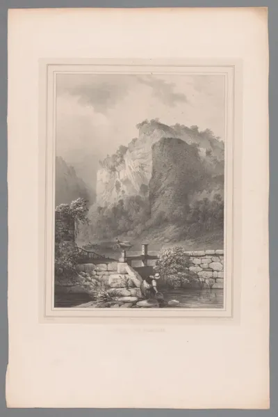 Vrouw haalt water bij de ruïnes van Samson