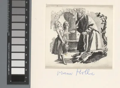 Vrouw Holle en een meisje met kruik en kom