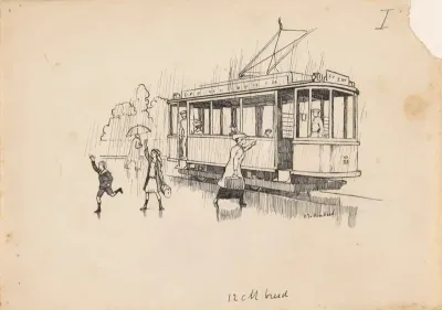 Vrouw houdt een tram aan in de regen