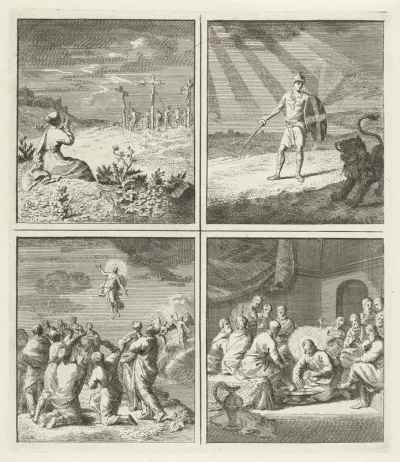 Vrouw in aanbidding bij Golgota / Geestelijke wapenrusting /  Hemelvaart /  Christus wast de voeten van Petrus