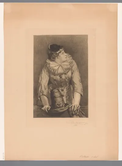 Vrouw in clown kostuum met hoed in de hand