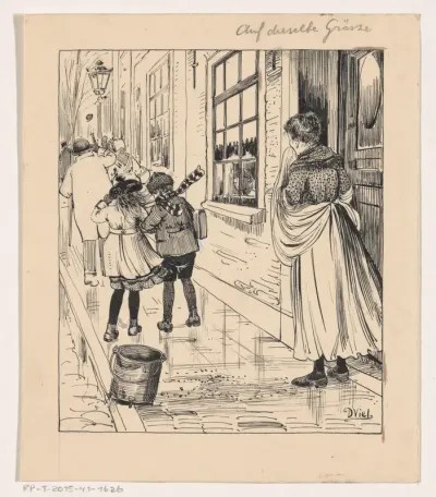 Vrouw in een deuropening kijkt twee kinderen na