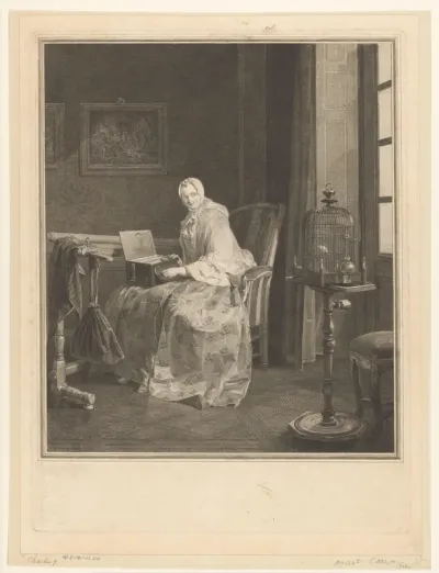 Vrouw in een interieur met een draaiorgel