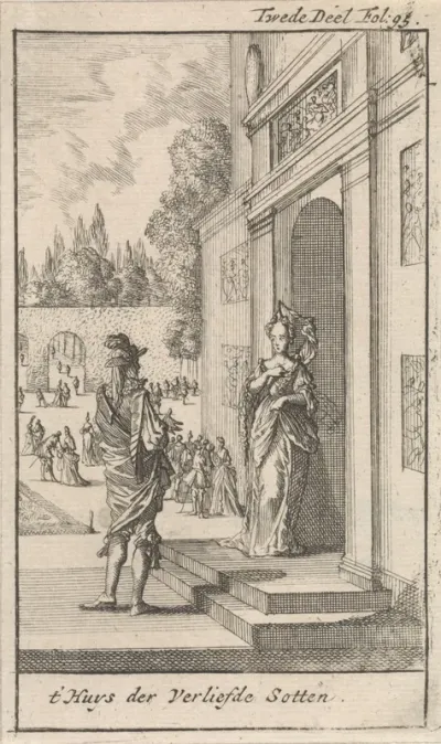 Vrouw in gesprek met de schrijver voor het huis van de liefde